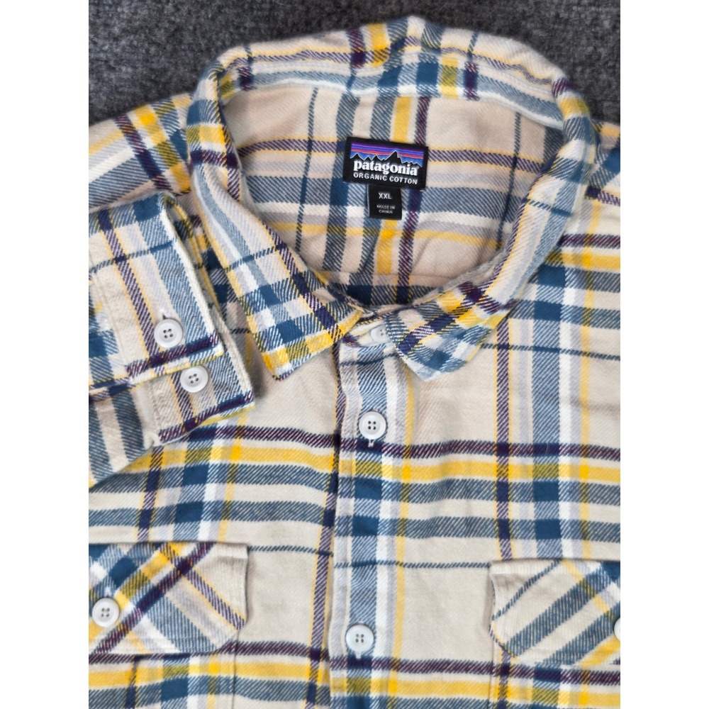 Patagonia Fjord Flannel Shirt Mens XXL Tan Blue Yellow Plaid Organic Cotton